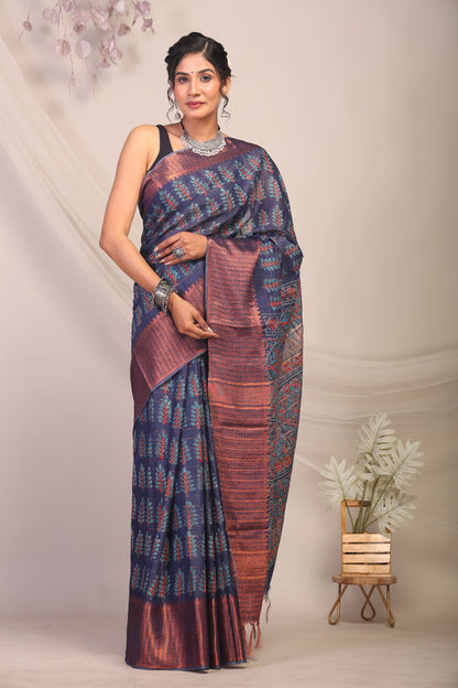 Anuttara Bhagalpuri Navy Blue Cotton Silk Floral/Ajrakh Saree with Unstitched Blouse_AFS1165-FS