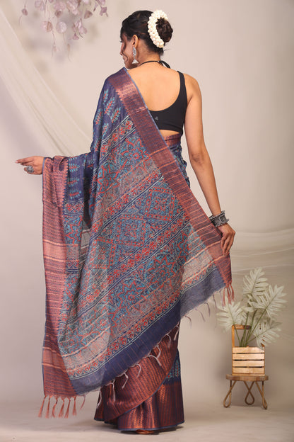 Anuttara Bhagalpuri Navy Blue Cotton Silk Floral/Ajrakh Saree with Unstitched Blouse_AFS1165-FS
