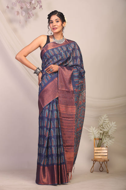 Anuttara Bhagalpuri Navy Blue Cotton Silk Floral/Ajrakh Saree with Unstitched Blouse_AFS1165-FS