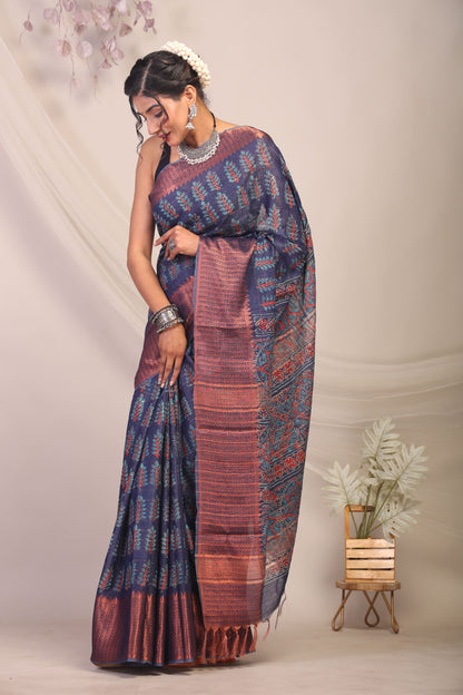 Anuttara Bhagalpuri Navy Blue Cotton Silk Floral/Ajrakh Saree with Unstitched Blouse_AFS1165-FS
