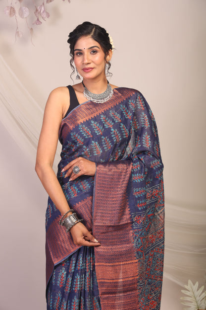 Anuttara Bhagalpuri Navy Blue Cotton Silk Floral/Ajrakh Saree with Unstitched Blouse_AFS1165-FS