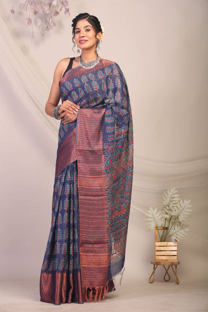 Anuttara Bhagalpuri Navy Blue Cotton Silk Floral/Ajrakh Saree with Unstitched Blouse_AFS1165-FS