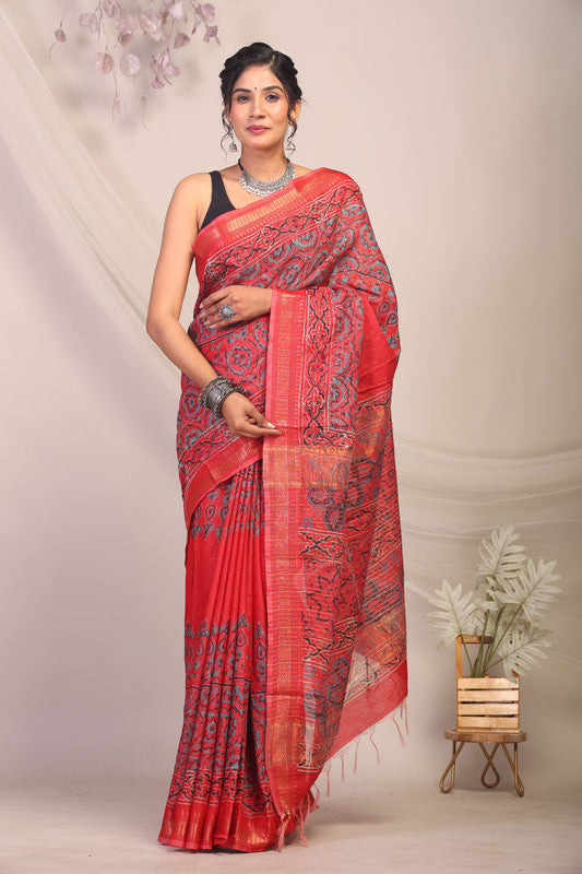 Anuttara Bhagalpuri Red Cotton Silk Ajrakh Saree with Unstitched Blouse_AFS1166-FS