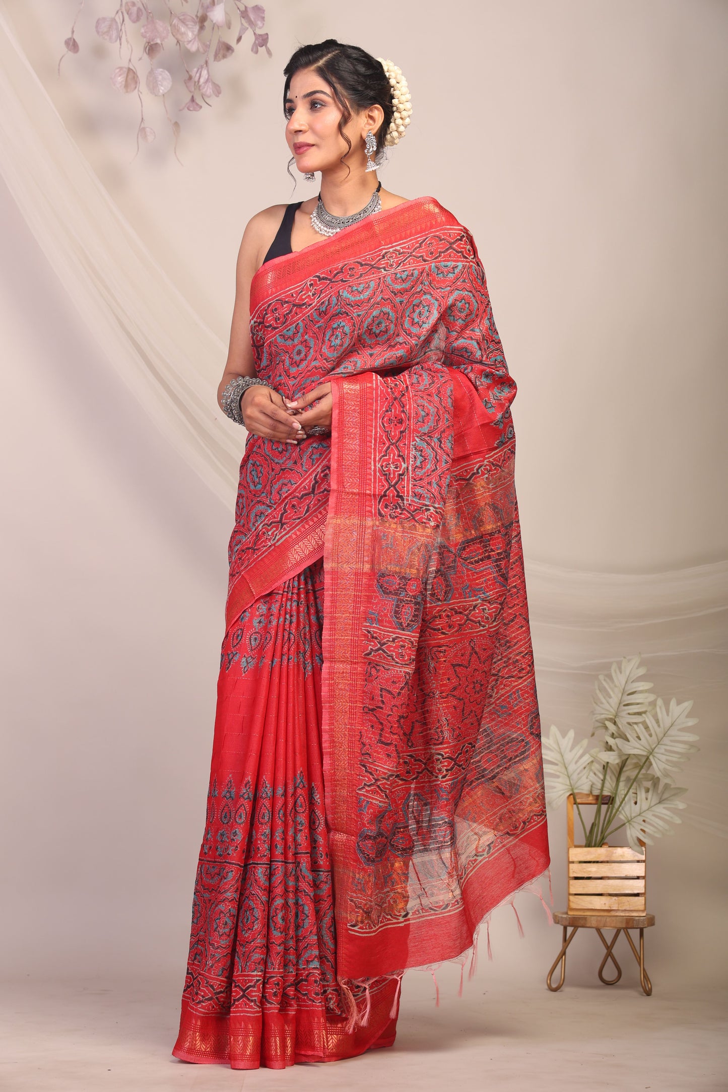Anuttara Bhagalpuri Red Cotton Silk Ajrakh Saree with Unstitched Blouse_AFS1166-FS