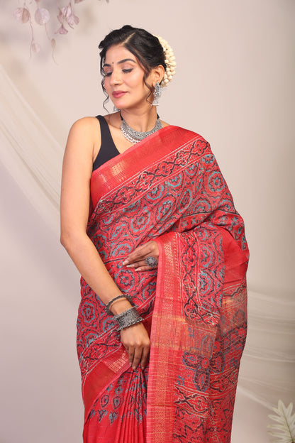 Anuttara Bhagalpuri Red Cotton Silk Ajrakh Saree with Unstitched Blouse_AFS1166-FS