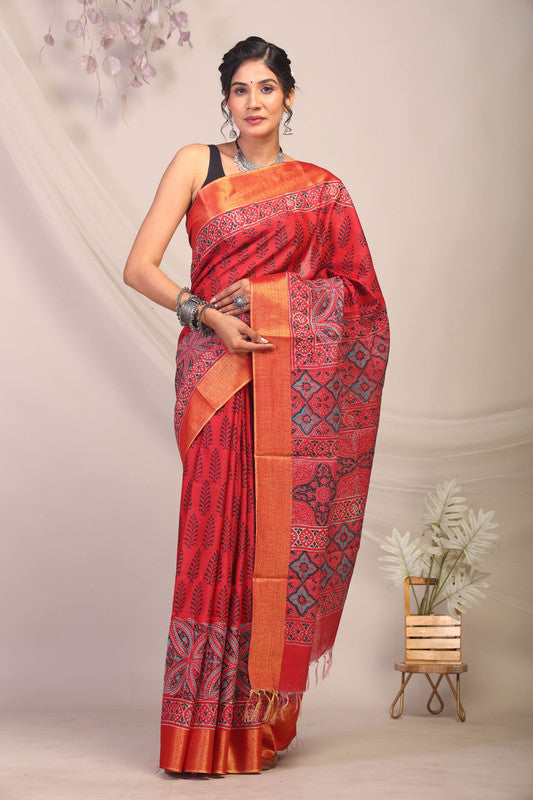 Anuttara Bhagalpuri Red Cotton Silk Floral/Ajrakh Saree with Unstitched Blouse_AFS1167-FS