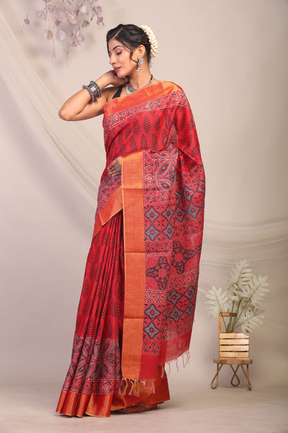 Anuttara Bhagalpuri Red Cotton Silk Floral/Ajrakh Saree with Unstitched Blouse_AFS1167-FS