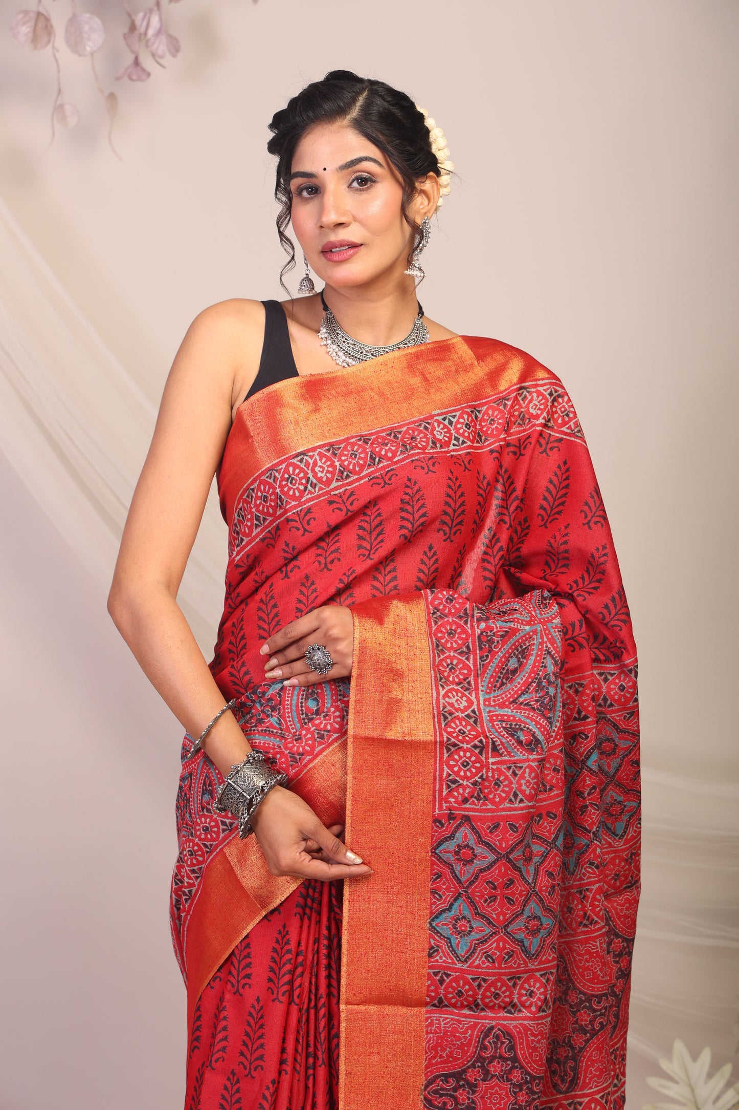 Anuttara Bhagalpuri Red Cotton Silk Floral/Ajrakh Saree with Unstitched Blouse_AFS1167-FS