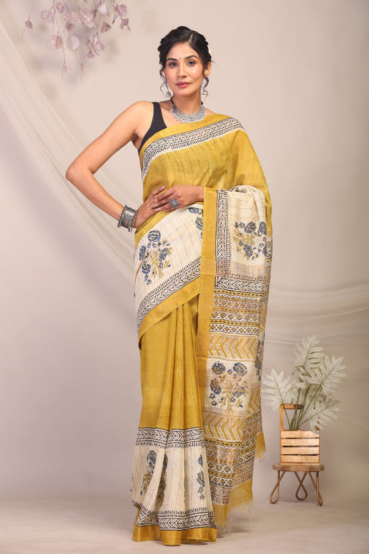 Anuttara Bhagalpuri Olive Green & Cream Cotton Silk Floral Saree with Unstitched Blouse_AFS1168-FS