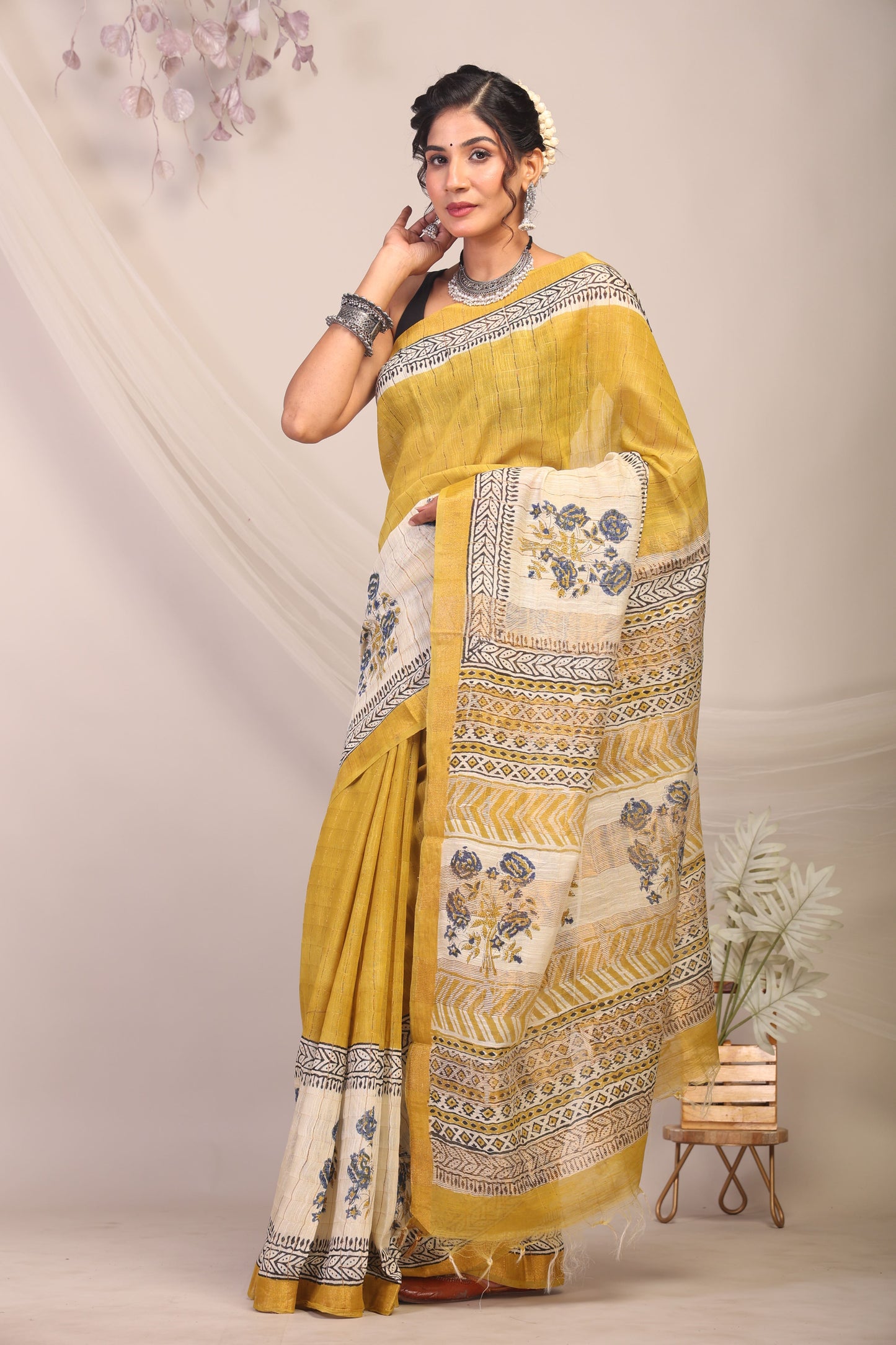 Anuttara Bhagalpuri Olive Green & Cream Cotton Silk Floral Saree with Unstitched Blouse_AFS1168-FS