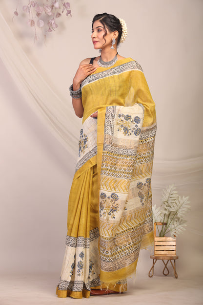 Anuttara Bhagalpuri Olive Green & Cream Cotton Silk Floral Saree with Unstitched Blouse_AFS1168-FS