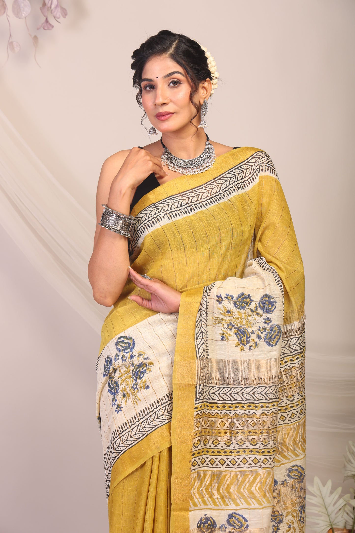 Anuttara Bhagalpuri Olive Green & Cream Cotton Silk Floral Saree with Unstitched Blouse_AFS1168-FS