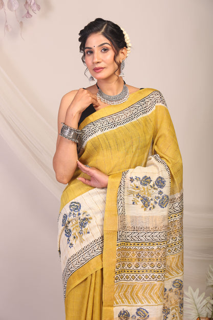 Anuttara Bhagalpuri Olive Green & Cream Cotton Silk Floral Saree with Unstitched Blouse_AFS1168-FS