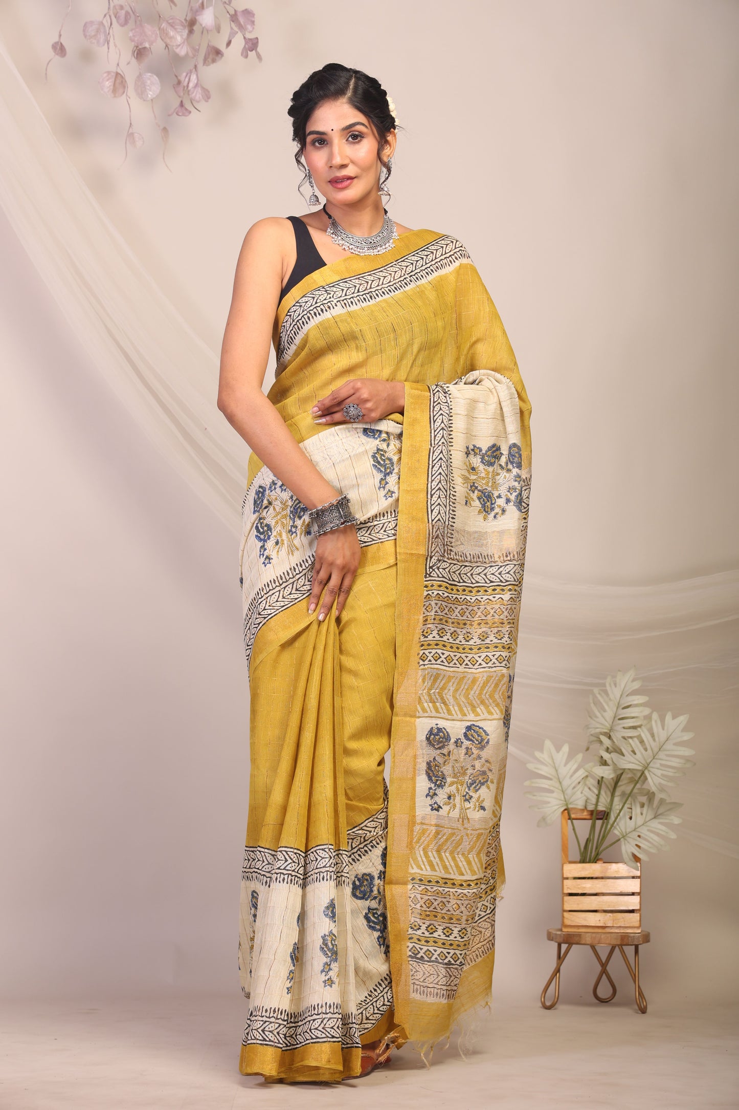 Anuttara Bhagalpuri Olive Green & Cream Cotton Silk Floral Saree with Unstitched Blouse_AFS1168-FS