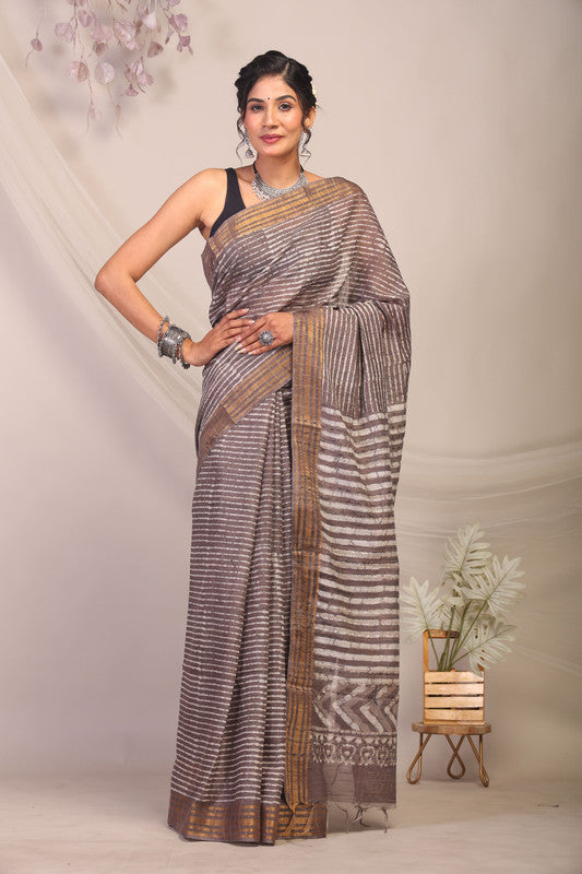 Anuttara Bhagalpuri Brown Cotton Silk Stripe Saree with Unstitched Blouse_AFS1169-FS