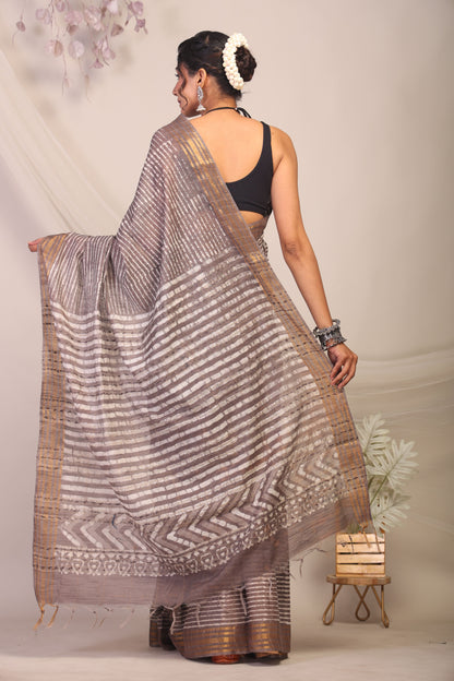 Anuttara Bhagalpuri Brown Cotton Silk Stripe Saree with Unstitched Blouse_AFS1169-FS