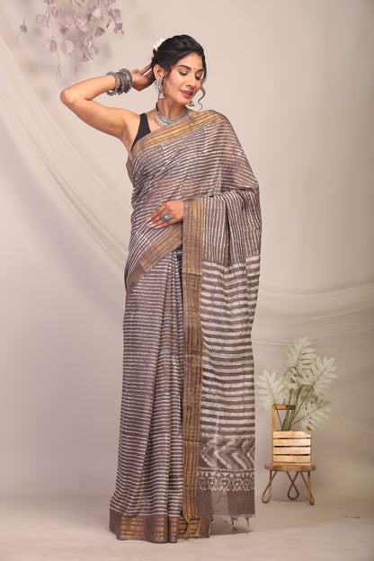 Anuttara Bhagalpuri Brown Cotton Silk Stripe Saree with Unstitched Blouse_AFS1169-FS