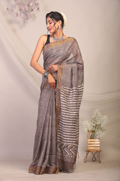 Anuttara Bhagalpuri Brown Cotton Silk Stripe Saree with Unstitched Blouse_AFS1169-FS