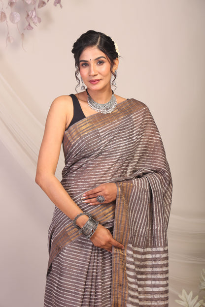 Anuttara Bhagalpuri Brown Cotton Silk Stripe Saree with Unstitched Blouse_AFS1169-FS