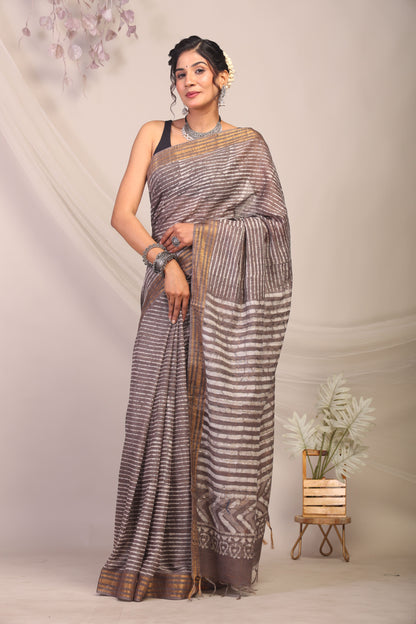 Anuttara Bhagalpuri Brown Cotton Silk Stripe Saree with Unstitched Blouse_AFS1169-FS