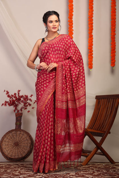 Anuttara Bhagalpuri Maroon Cotton Silk Floral Saree with Unstitched Blouse_AFS1170-FS