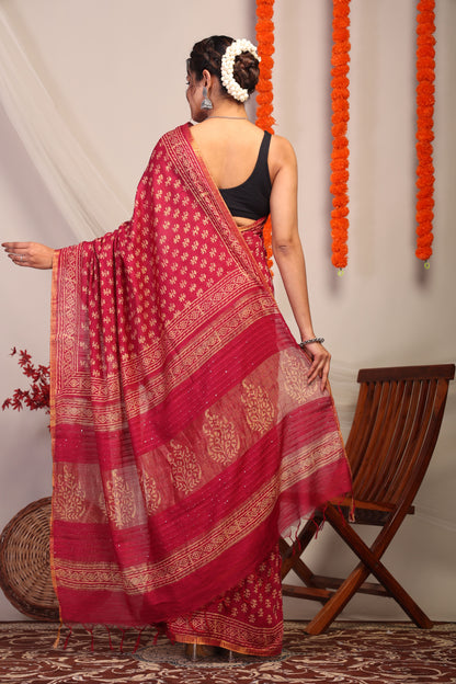 Anuttara Bhagalpuri Maroon Cotton Silk Floral Saree with Unstitched Blouse_AFS1170-FS