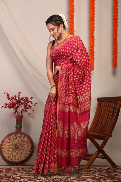 Anuttara Bhagalpuri Maroon Cotton Silk Floral Saree with Unstitched Blouse_AFS1170-FS