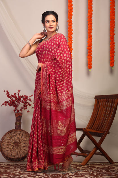 Anuttara Bhagalpuri Maroon Cotton Silk Floral Saree with Unstitched Blouse_AFS1170-FS