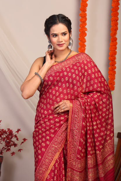 Anuttara Bhagalpuri Maroon Cotton Silk Floral Saree with Unstitched Blouse_AFS1170-FS