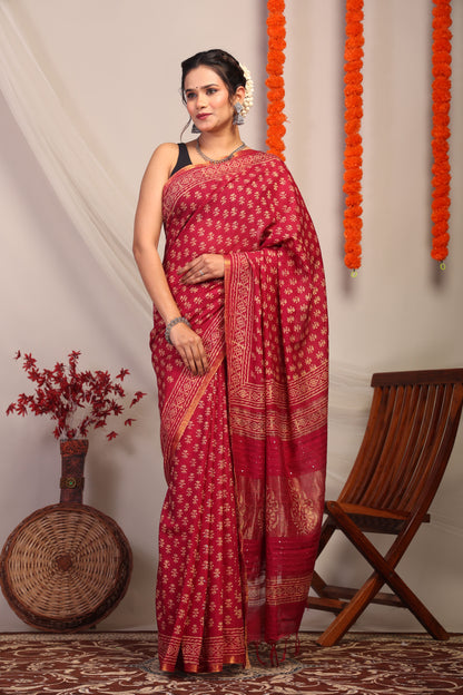 Anuttara Bhagalpuri Maroon Cotton Silk Floral Saree with Unstitched Blouse_AFS1170-FS