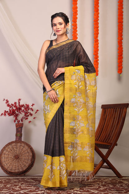 Anuttara Bhagalpuri Black & Olive Green Cotton Silk Floral Saree with Unstitched Blouse_AFS1171-FS