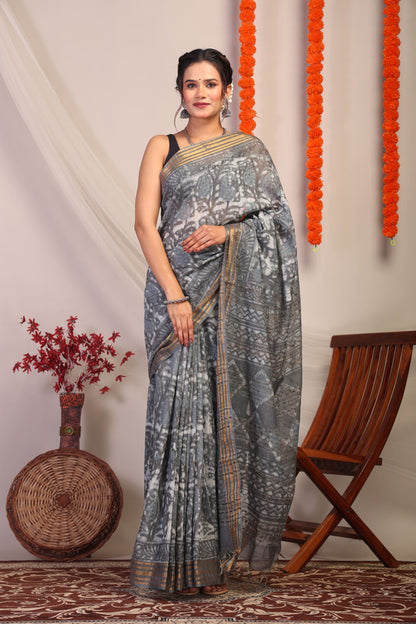 Anuttara Bhagalpuri Gray Cotton Silk Paisley/Geometric Saree with Unstitched Blouse_AFS1172-FS