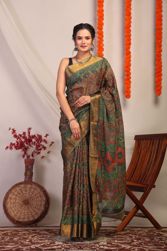 Anuttara Bhagalpuri Green Cotton Silk Tribal Saree with Unstitched Blouse_AFS1174-FS