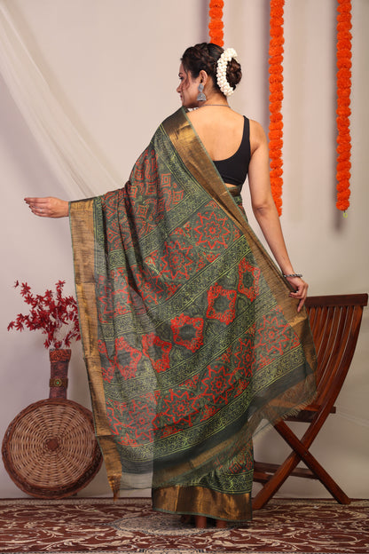 Anuttara Bhagalpuri Green Cotton Silk Tribal Saree with Unstitched Blouse_AFS1174-FS
