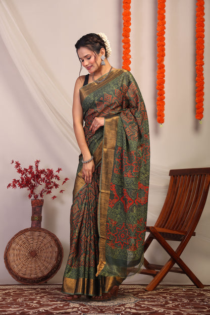 Anuttara Bhagalpuri Green Cotton Silk Tribal Saree with Unstitched Blouse_AFS1174-FS