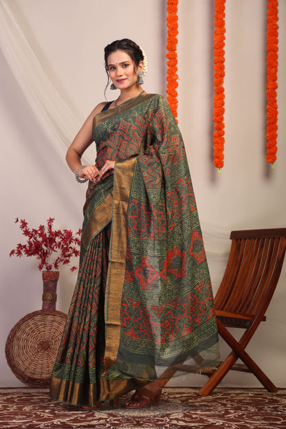 Anuttara Bhagalpuri Green Cotton Silk Tribal Saree with Unstitched Blouse_AFS1174-FS