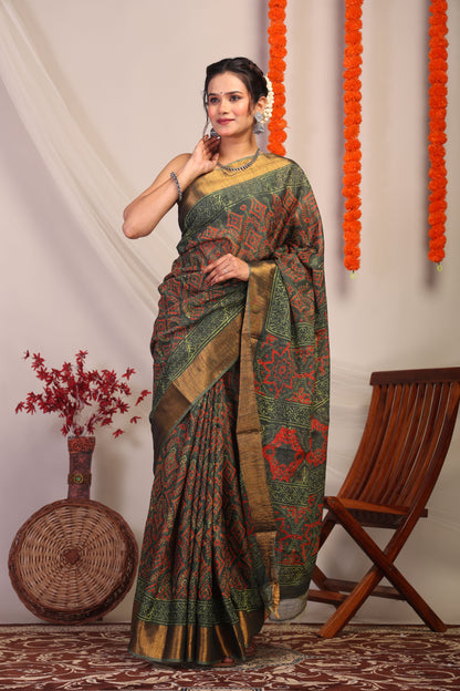 Anuttara Bhagalpuri Green Cotton Silk Tribal Saree with Unstitched Blouse_AFS1174-FS