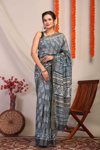 Anuttara Bhagalpuri Stone Blue Cotton Silk Chevron/Floral Saree with Unstitched Blouse_AFS1178-FS