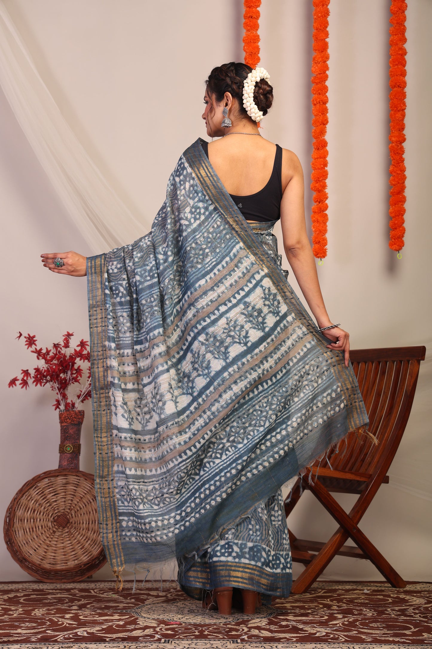 Anuttara Bhagalpuri Stone Blue Cotton Silk Chevron/Floral Saree with Unstitched Blouse_AFS1178-FS