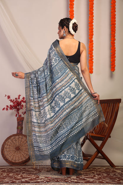 Anuttara Bhagalpuri Stone Blue Cotton Silk Chevron/Floral Saree with Unstitched Blouse_AFS1178-FS