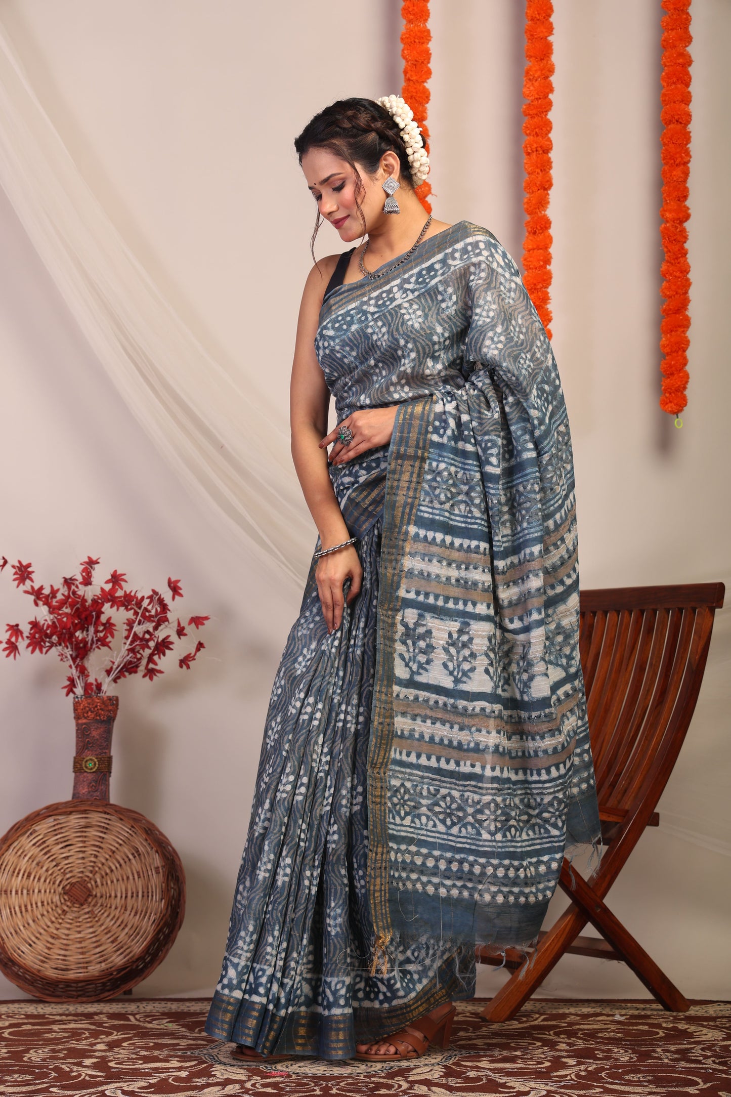 Anuttara Bhagalpuri Stone Blue Cotton Silk Chevron/Floral Saree with Unstitched Blouse_AFS1178-FS