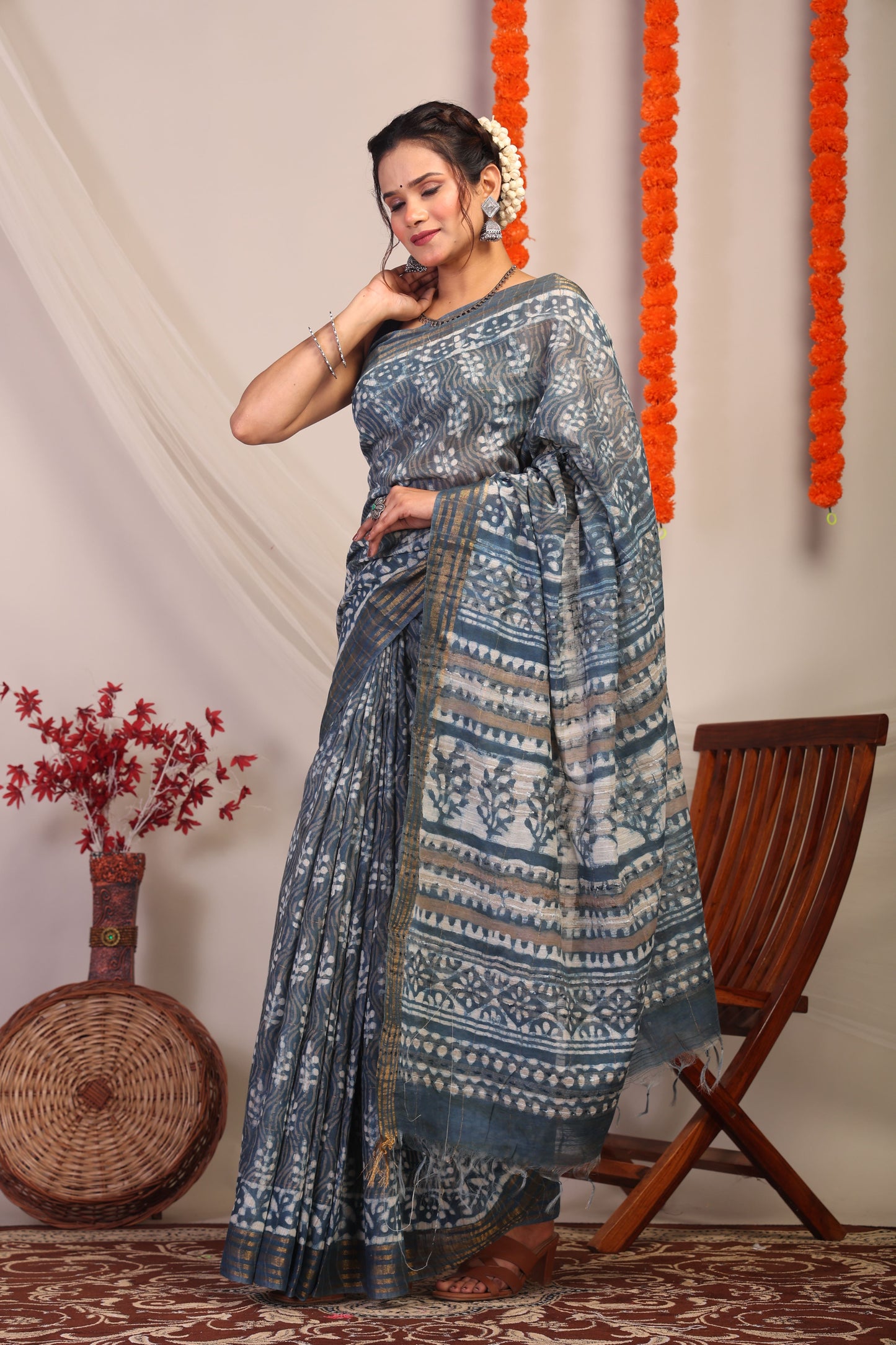 Anuttara Bhagalpuri Stone Blue Cotton Silk Chevron/Floral Saree with Unstitched Blouse_AFS1178-FS