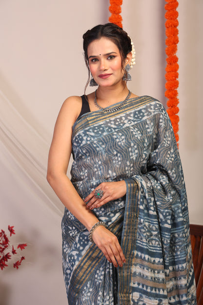 Anuttara Bhagalpuri Stone Blue Cotton Silk Chevron/Floral Saree with Unstitched Blouse_AFS1178-FS