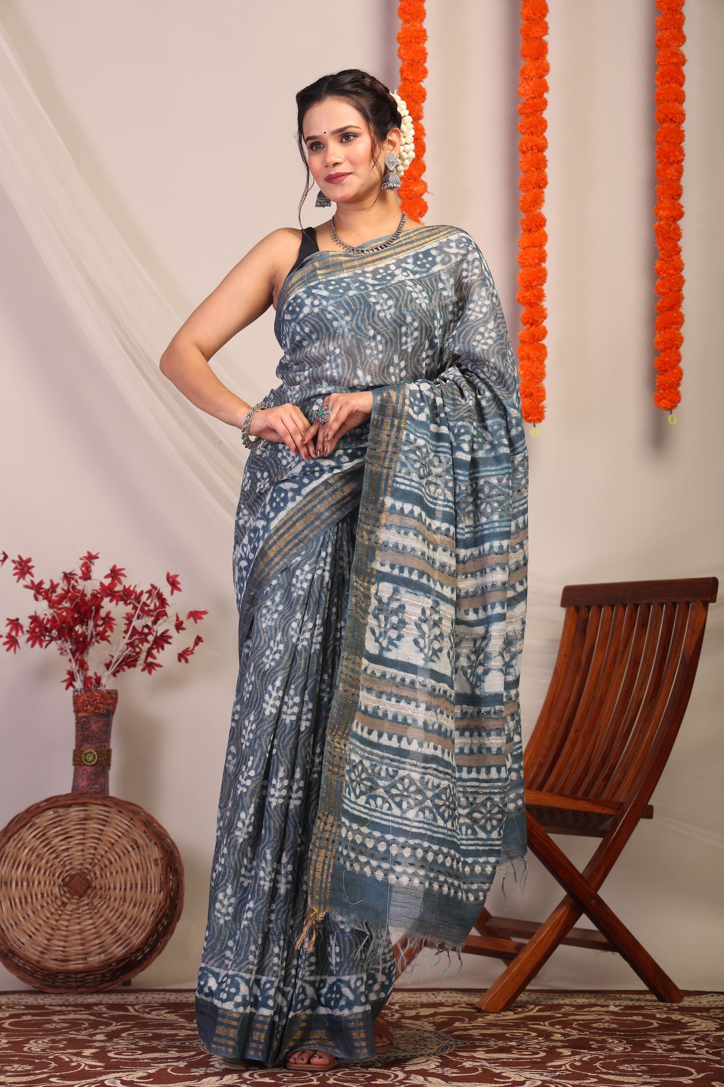 Anuttara Bhagalpuri Stone Blue Cotton Silk Chevron/Floral Saree with Unstitched Blouse_AFS1178-FS