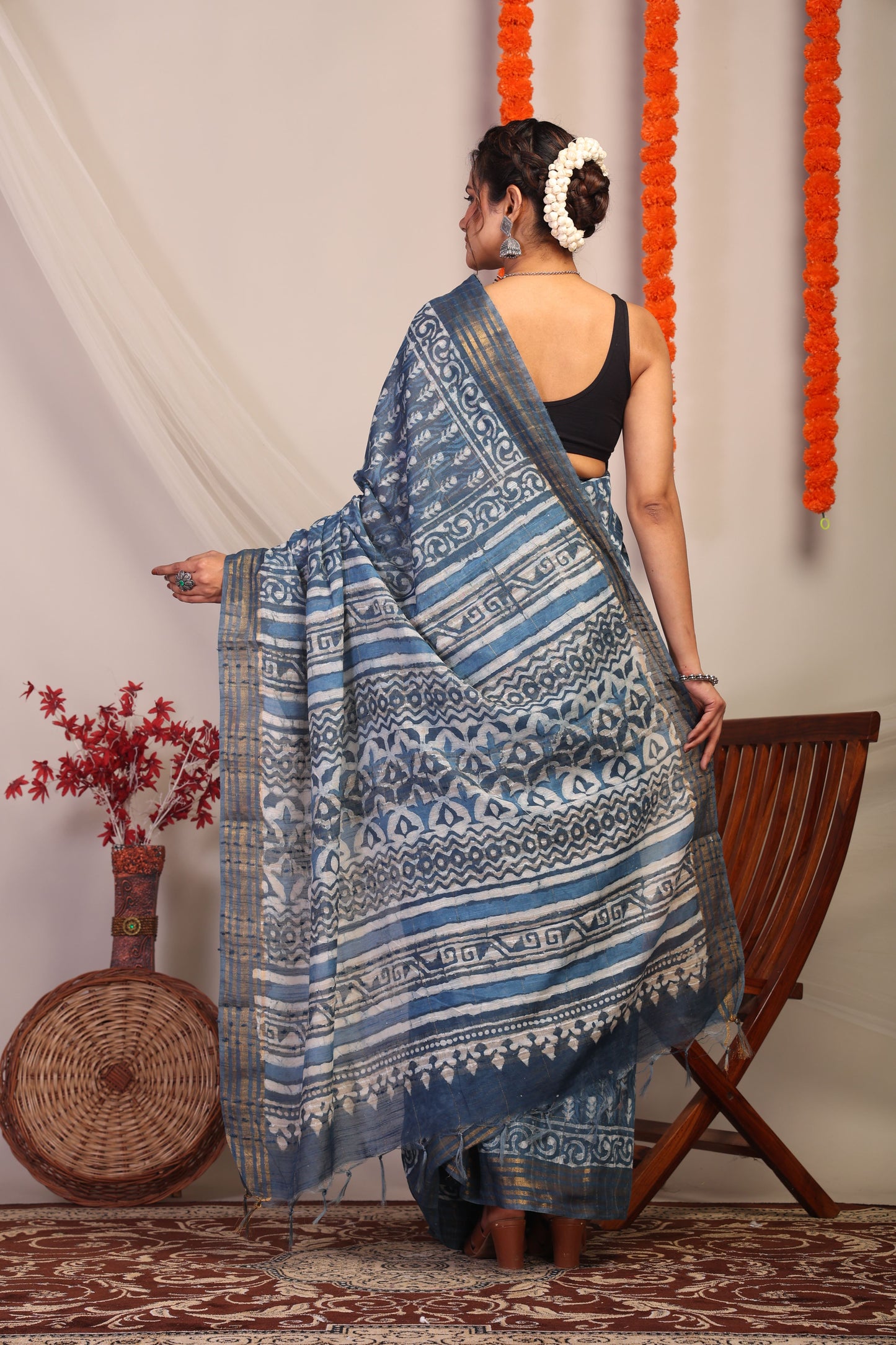 Anuttara Bhagalpuri Blue Cotton Silk Floral/Zig-Zag Saree with Unstitched Blouse_AFS1180-FS