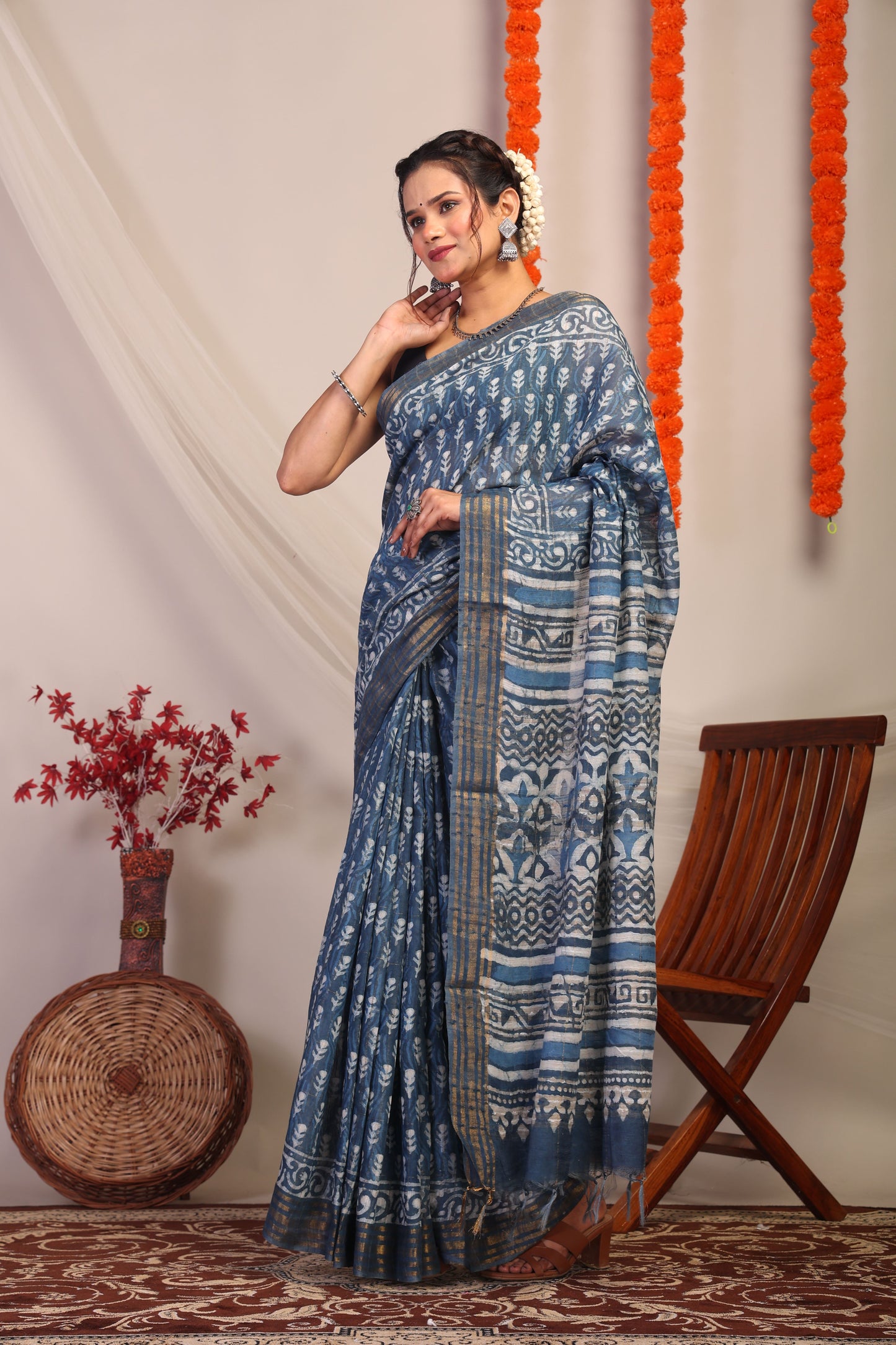 Anuttara Bhagalpuri Blue Cotton Silk Floral/Zig-Zag Saree with Unstitched Blouse_AFS1180-FS