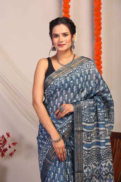 Anuttara Bhagalpuri Blue Cotton Silk Floral/Zig-Zag Saree with Unstitched Blouse_AFS1180-FS