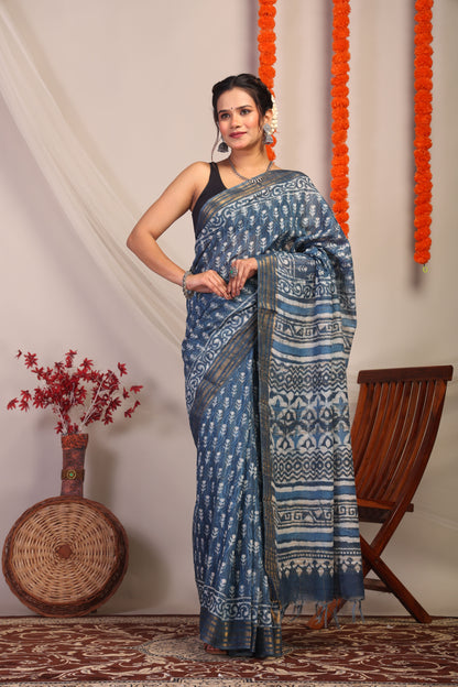Anuttara Bhagalpuri Blue Cotton Silk Floral/Zig-Zag Saree with Unstitched Blouse_AFS1180-FS