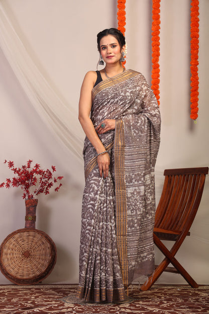 Anuttara Bhagalpuri Brown Cotton Silk Floral Saree with Unstitched Blouse_AFS1181-FS