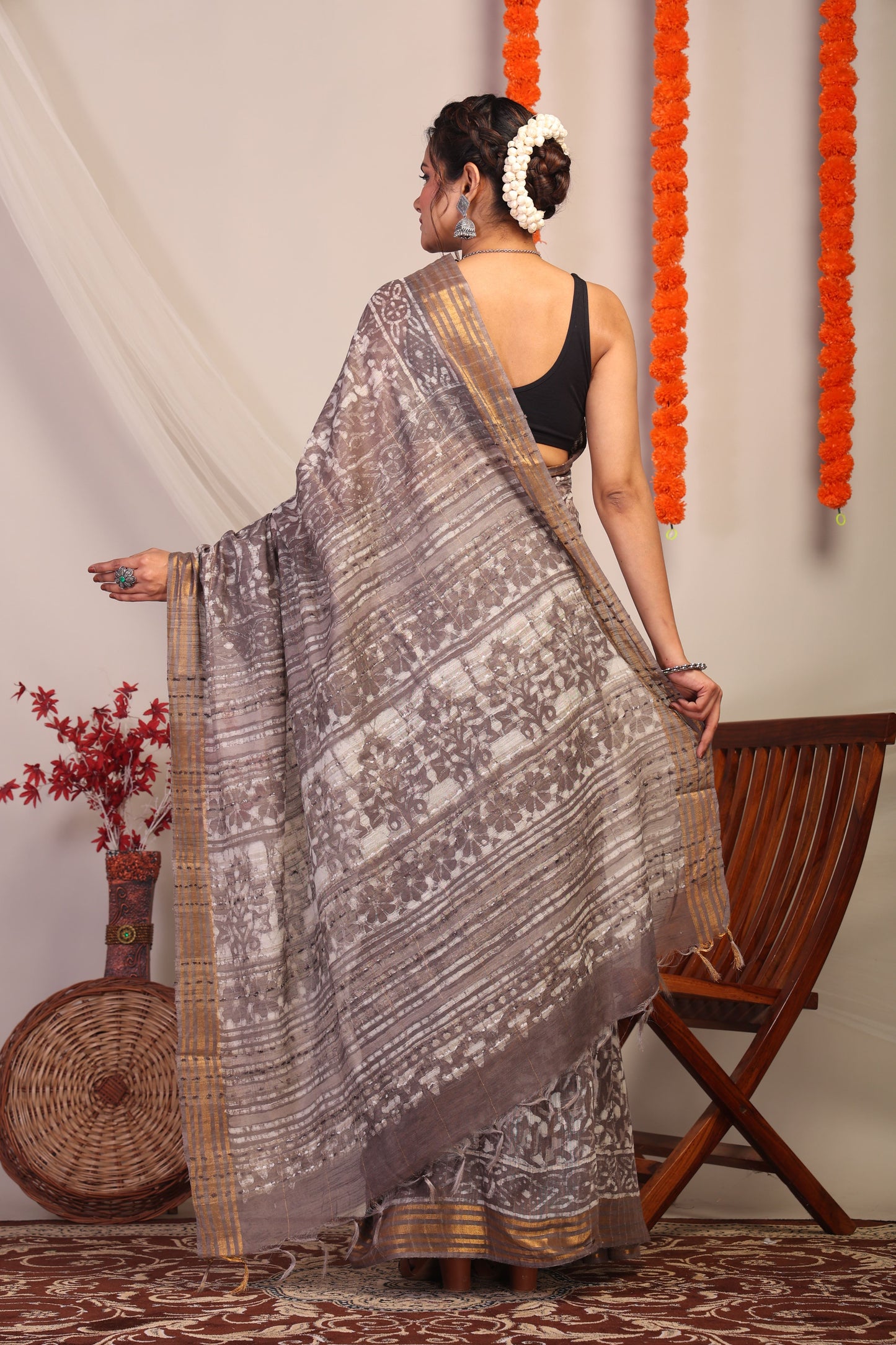 Anuttara Bhagalpuri Brown Cotton Silk Floral Saree with Unstitched Blouse_AFS1181-FS